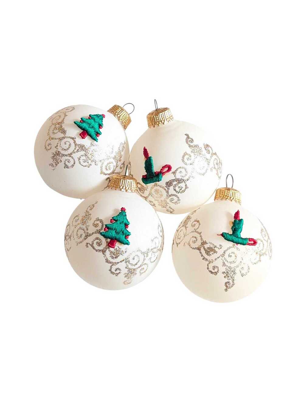 Vintage Krebs Glass Christmas Tree Ornaments with Gold Glitter & Appliques